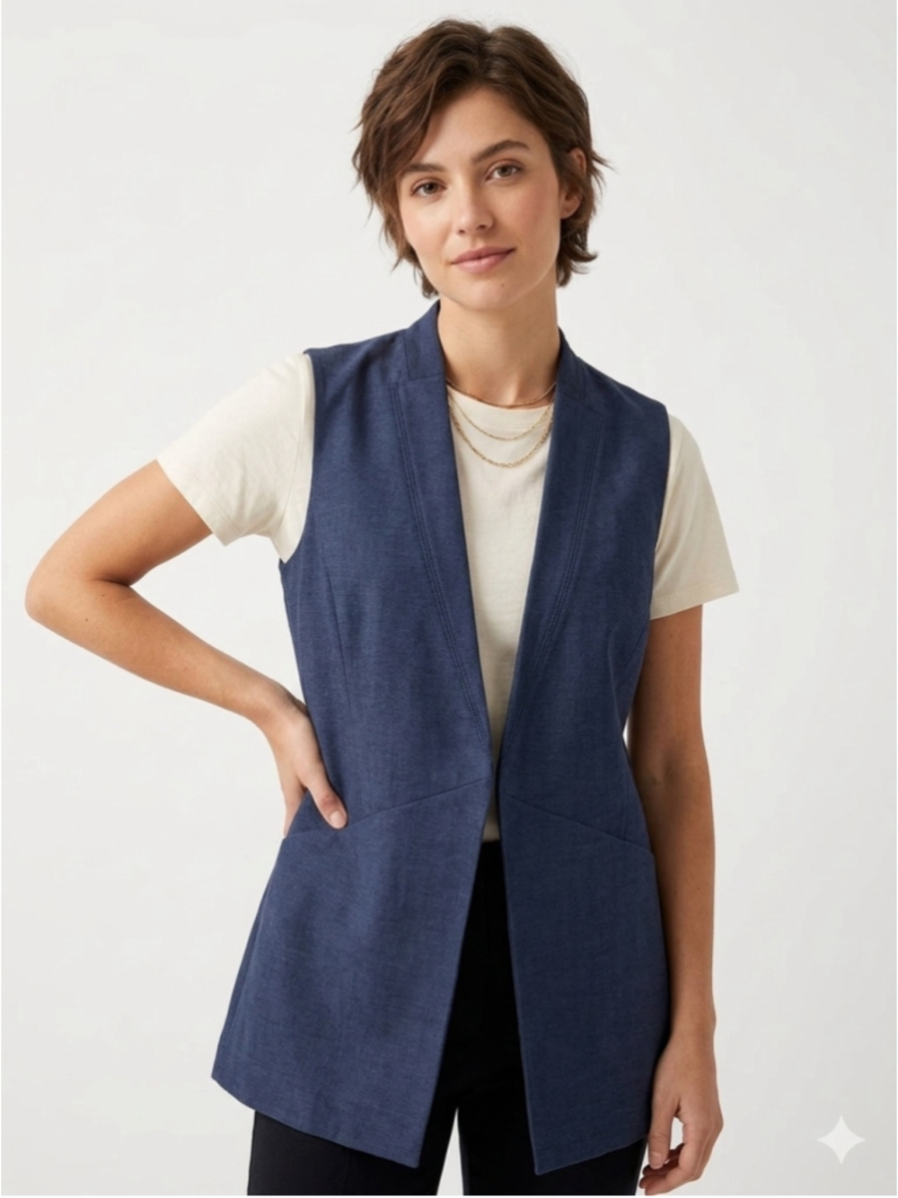 Women's Willow & Thread Blue Longline Open Front Tailored Vest Blazer NWT Size 8
